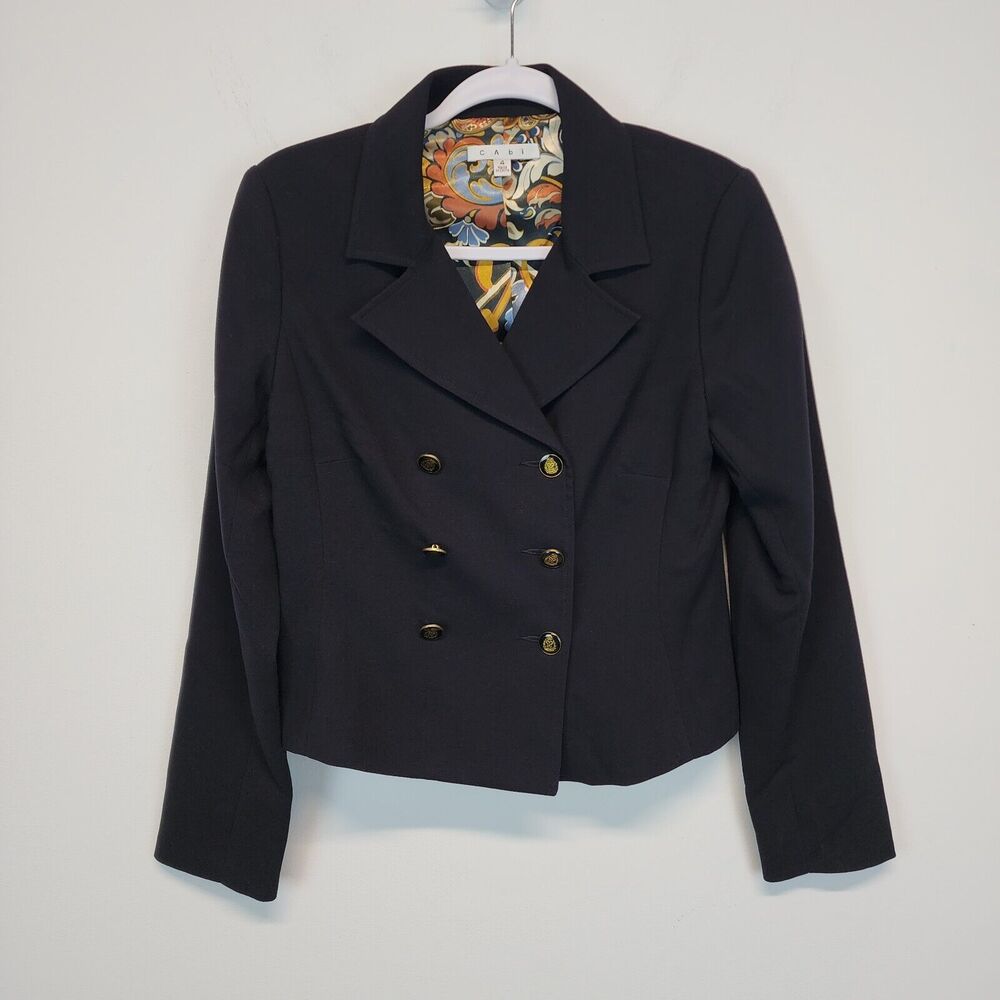 CAbi Womens Blazer Jacket Size 4 Black Stretch Knit Double Breast Crest Academia